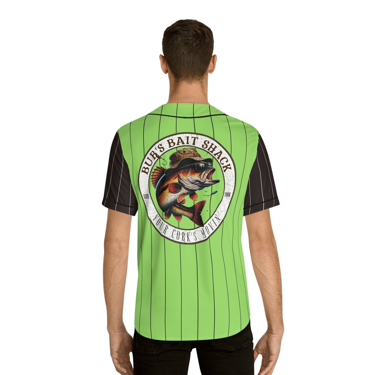 Bass on the Rod Men's Baseball Jersey — Green Pinstripe