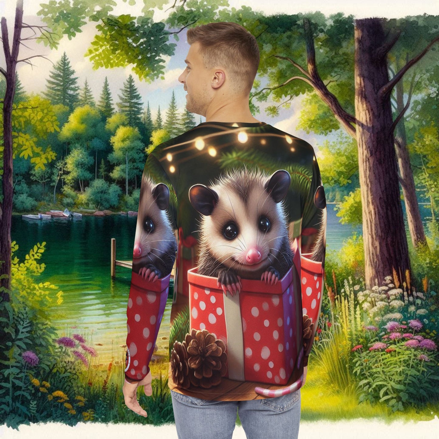 Bubs Bait Shack Possum Present All Over Print Men's Long Sleeve Shirt (AOP)