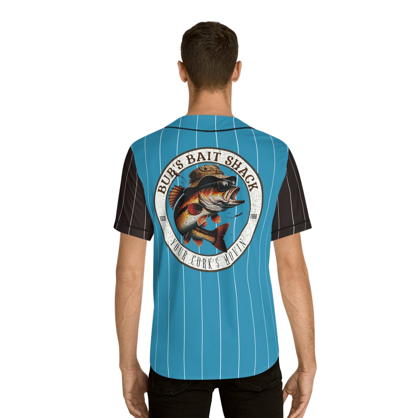 Bass on the Rod Baseball Jersey — Blue Aqua Pinstripe Men’s Baseball Shirt