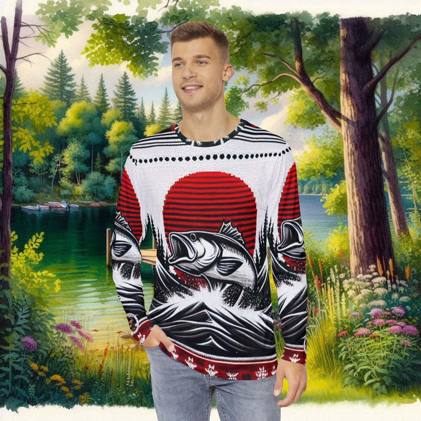 Bub's Bait Shack Ugly Christmas Fishing Sweater in Black and Red Sun. Men's Long Sleeve Shirt (AOP)