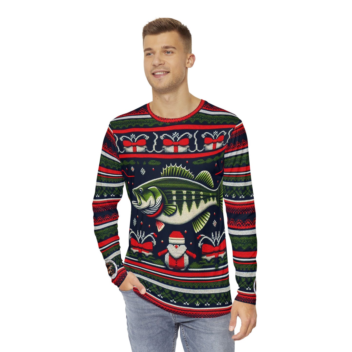 Bub;s Bait Shack Ugly Christmas Sweater in green and red Men's Long Sleeve Shirt (AOP)