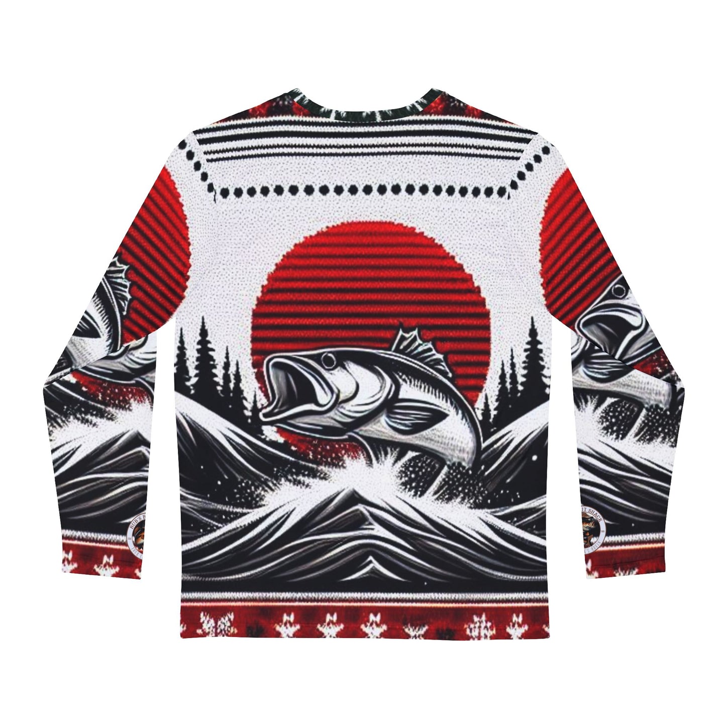 Bub's Bait Shack Ugly Christmas Fishing Sweater in Black and Red Sun. Men's Long Sleeve Shirt (AOP)