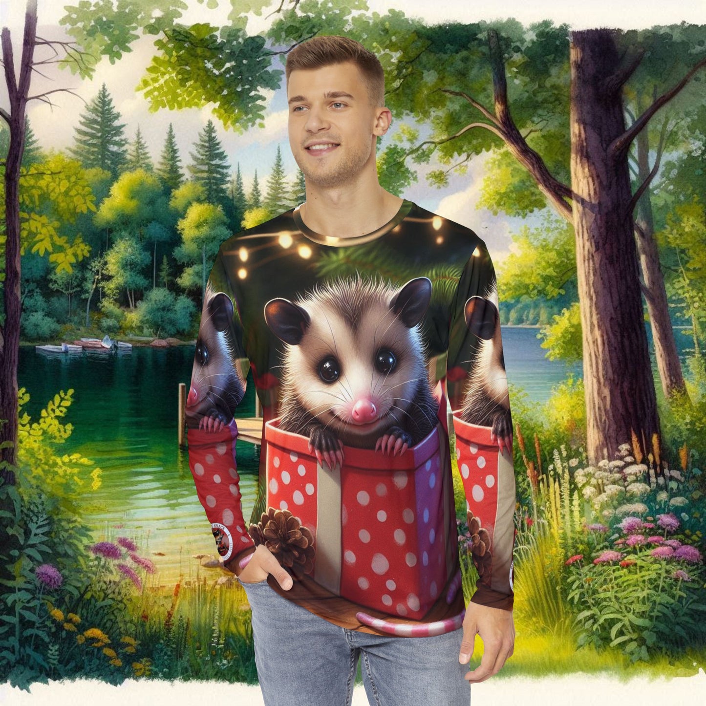 Bubs Bait Shack Possum Present All Over Print Men's Long Sleeve Shirt (AOP)