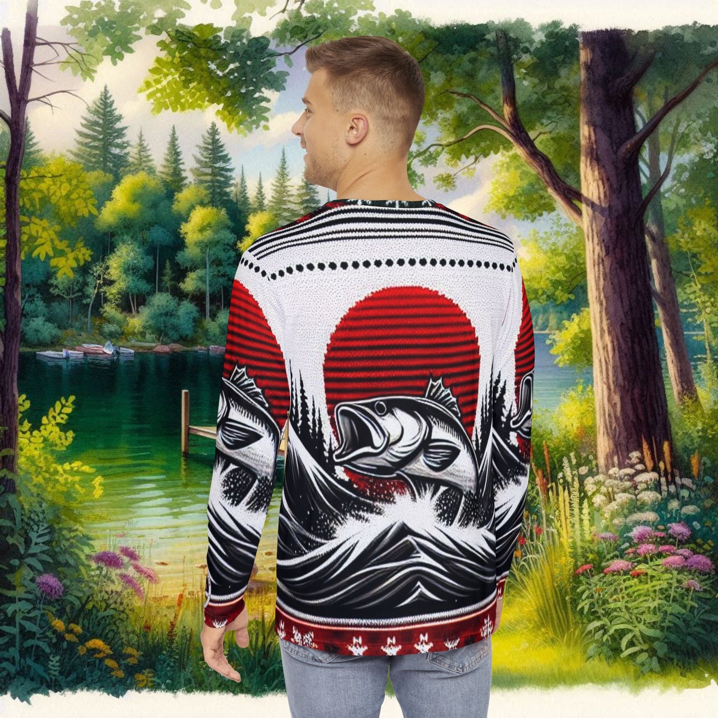 Bub's Bait Shack Ugly Christmas Fishing Sweater in Black and Red Sun. Men's Long Sleeve Shirt (AOP)