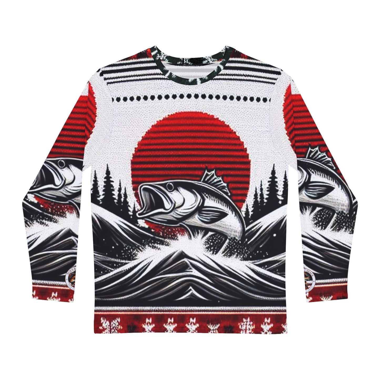 Bub's Bait Shack Ugly Christmas Fishing Sweater in Black and Red Sun.   Men's Long Sleeve Shirt (AOP)