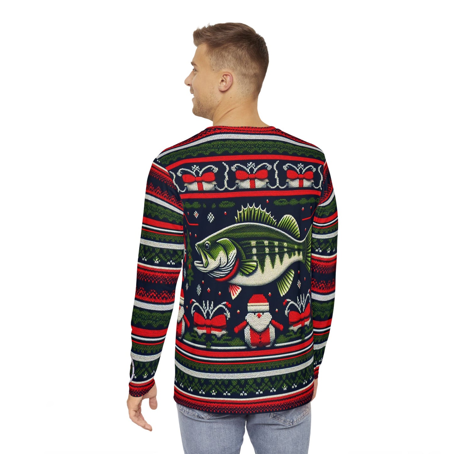 Bub;s Bait Shack Ugly Christmas Sweater in green and red   Men's Long Sleeve Shirt (AOP)
