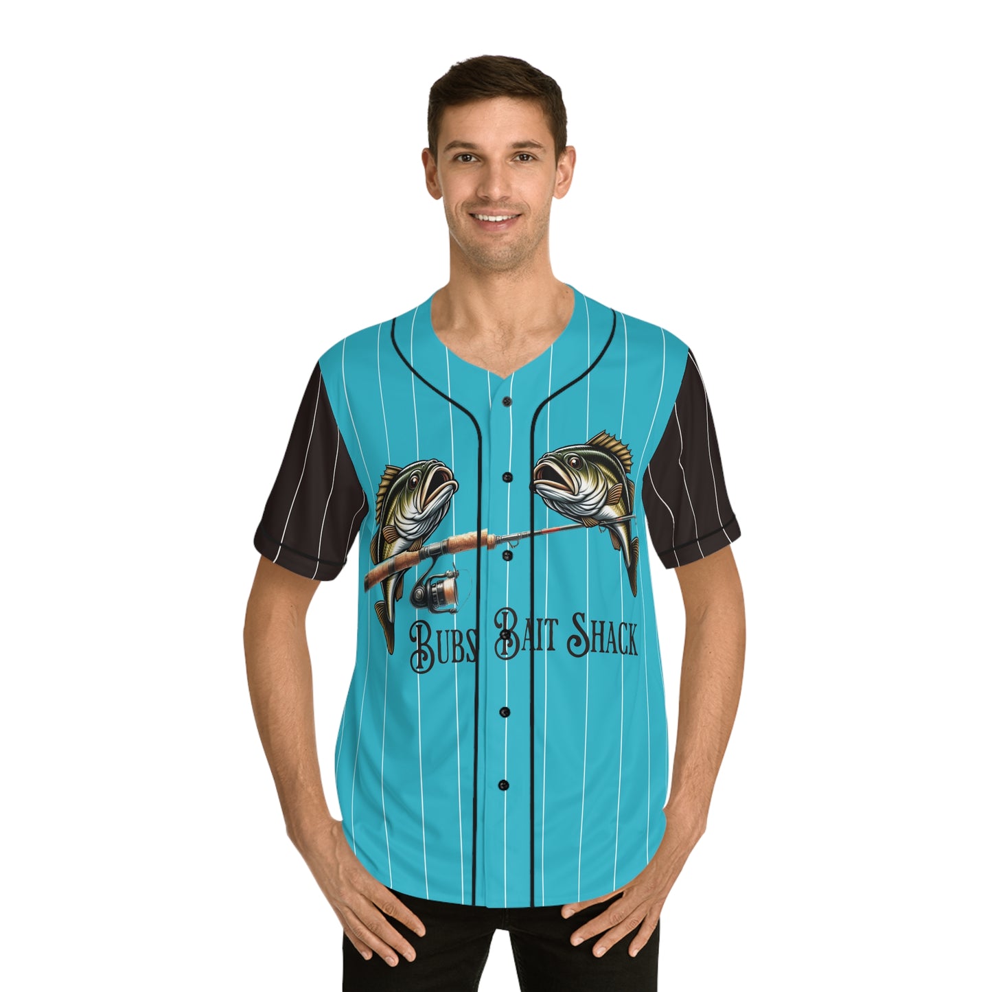 Bass on the Rod Men's Baseball Jersey — Teal Aqua with White Pinstripe