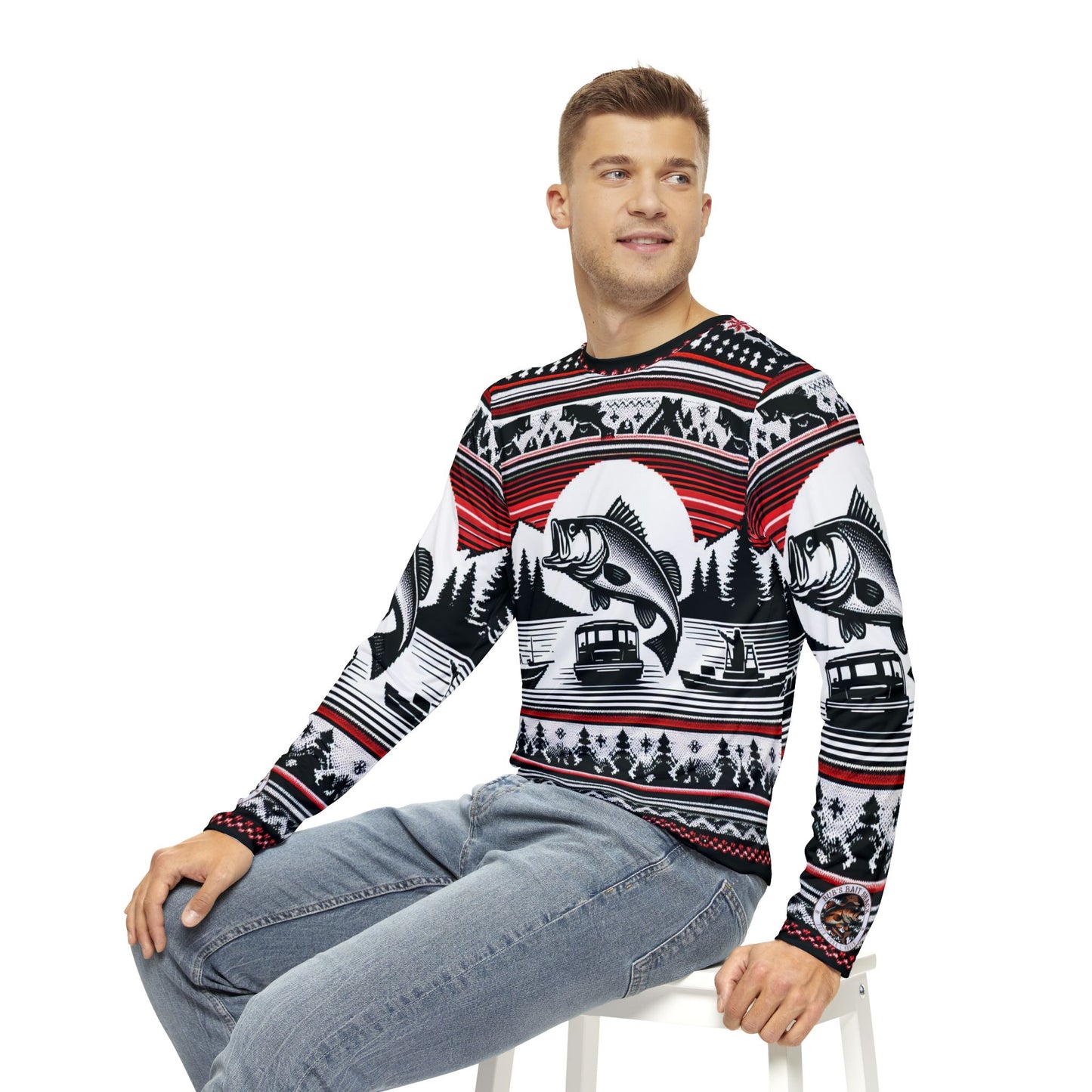 Bub's Bait Shack Ugly Christmas Sweater Red and Balck  Men's Long Sleeve Shirt (AOP)