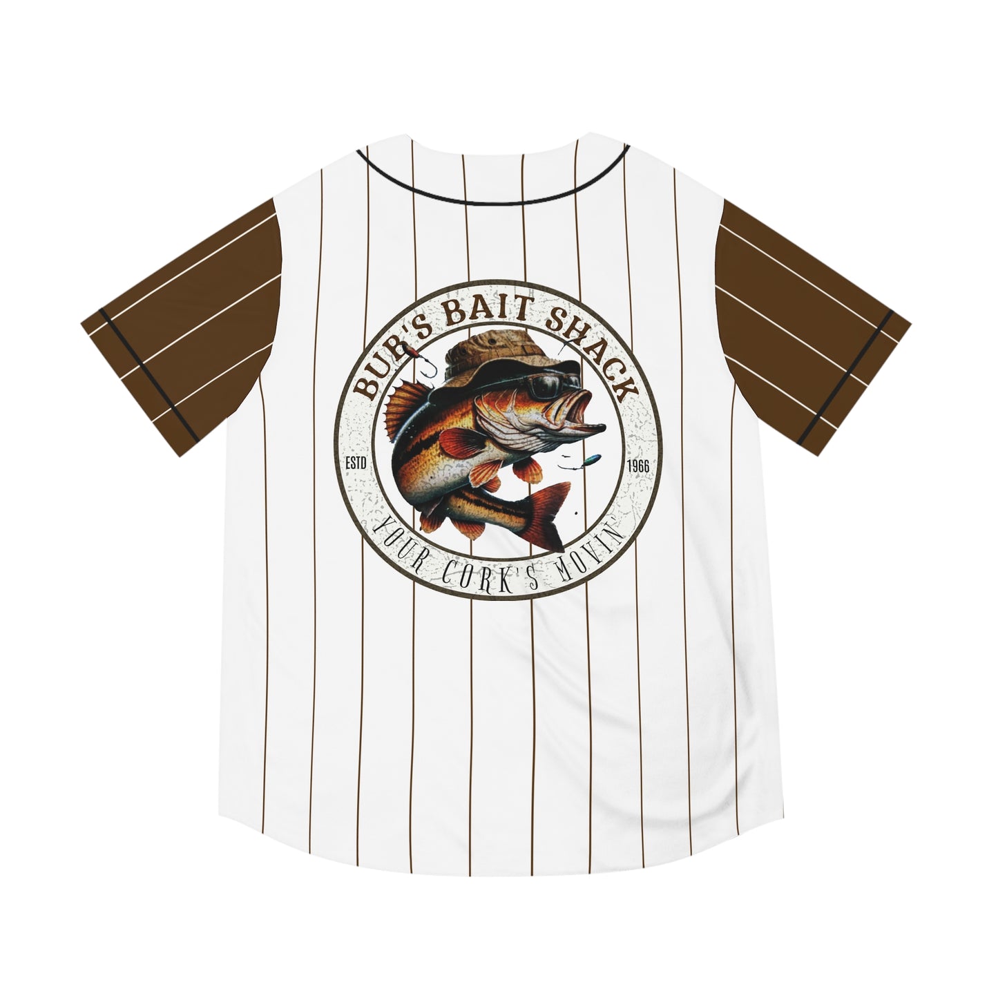 BBS "Bass on the Rod" Men's Baseball Jersey — White with Brown Pinstripes and sleeves