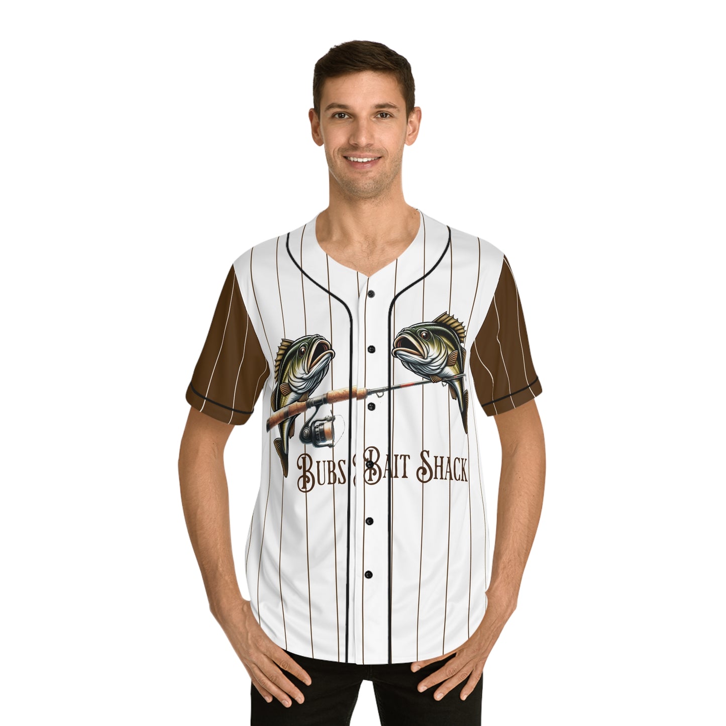 BBS "Bass on the Rod" Men's Baseball Jersey — White with Brown Pinstripes and sleeves