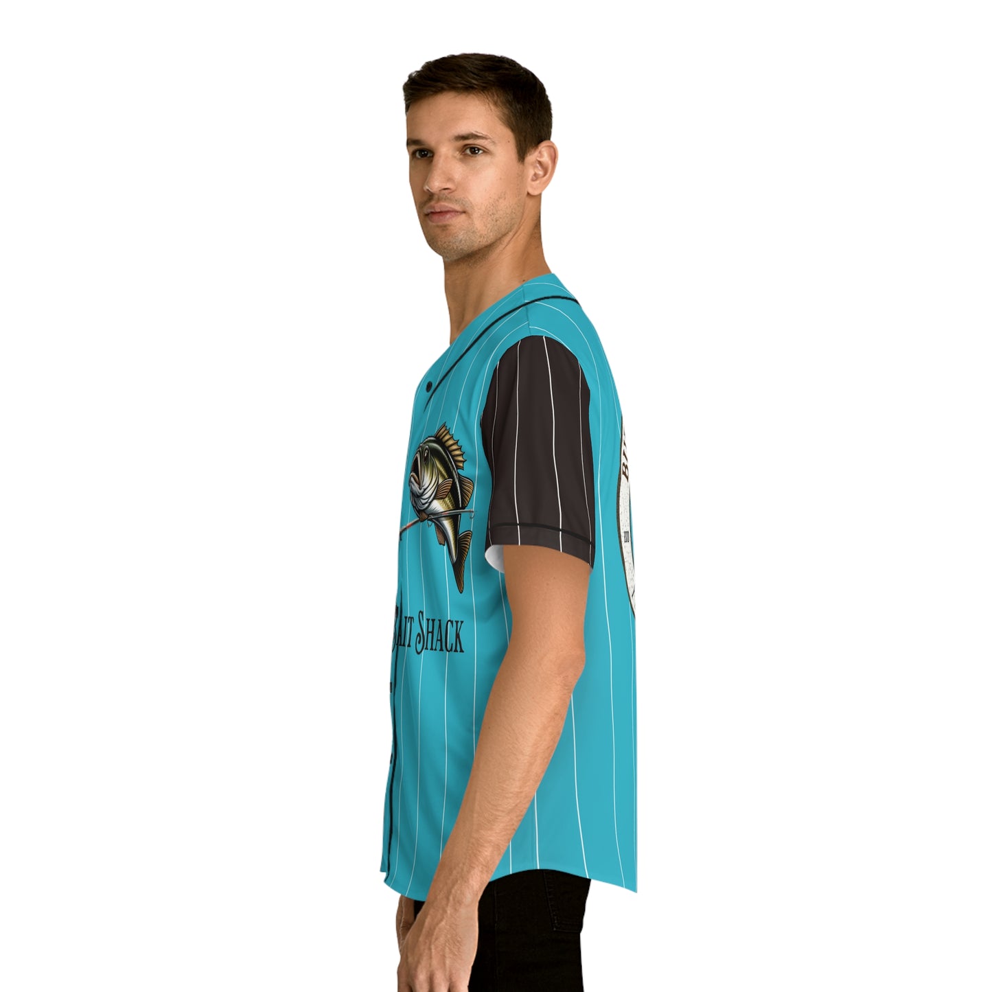 Bass on the Rod Men's Baseball Jersey — Teal Aqua with White Pinstripe