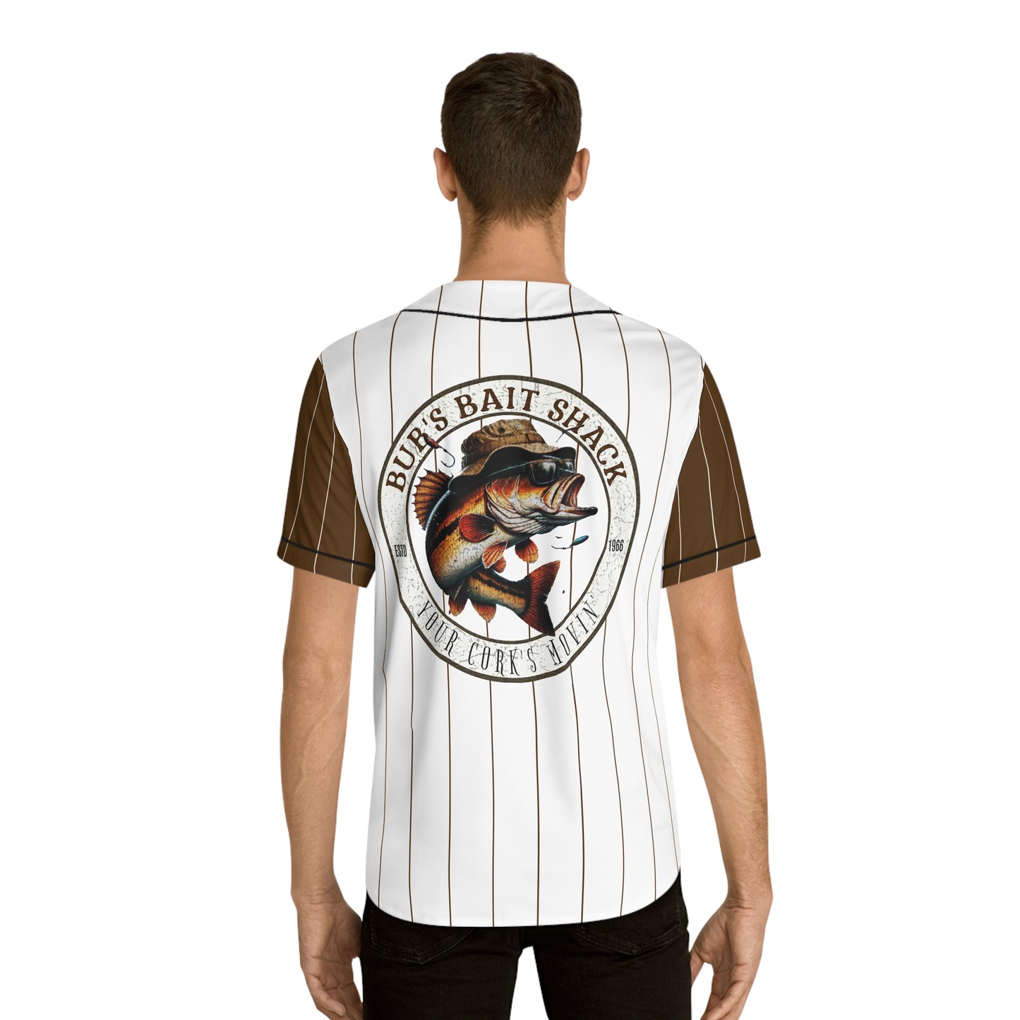 BBS Bubs Bait Shack Baseball Jersey — White with Brown Pinstripes