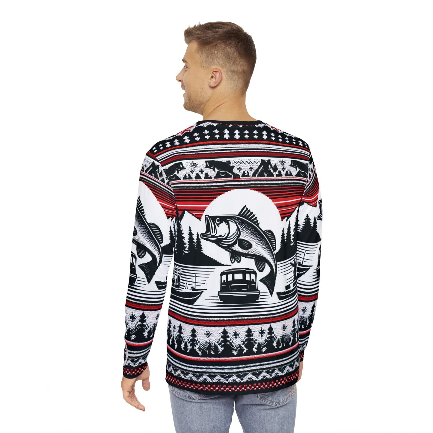Bub's Bait Shack Ugly Christmas Sweater Red and Balck  Men's Long Sleeve Shirt (AOP)