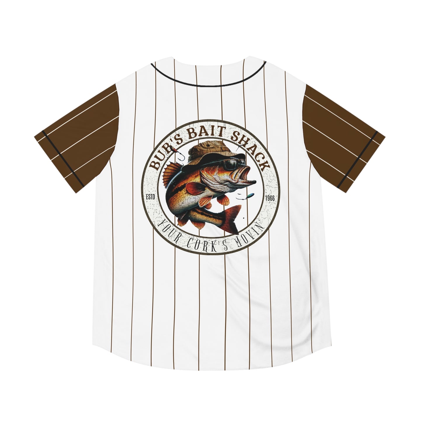 BBS Bubs Bait Shack Baseball Jersey — White with Brown Pinstripes