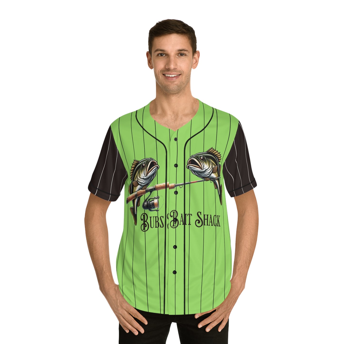 Bass on the Rod Men's Baseball Jersey — Green Pinstripe