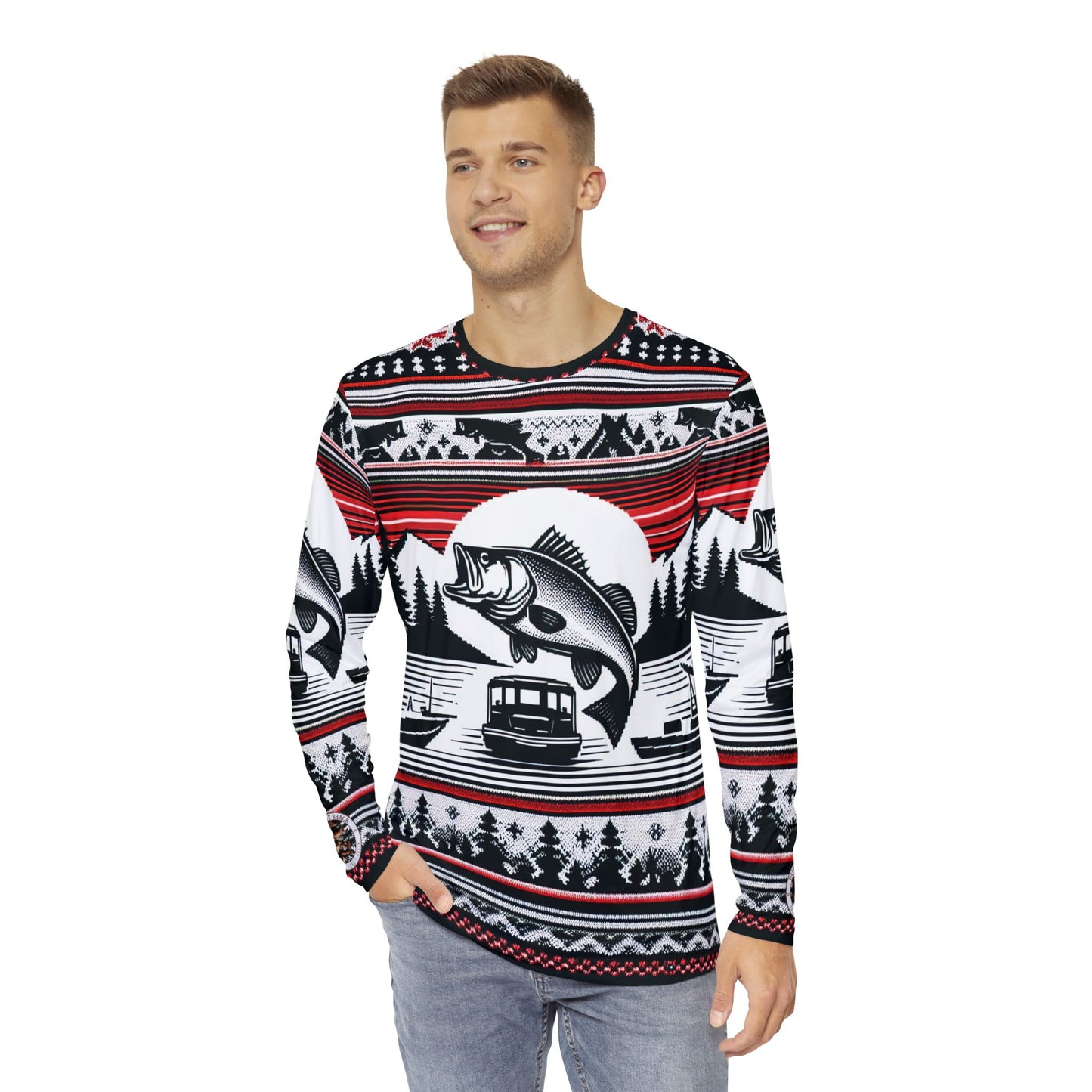 Bub's Bait Shack Ugly Christmas Sweater Red and Balck  Men's Long Sleeve Shirt (AOP)