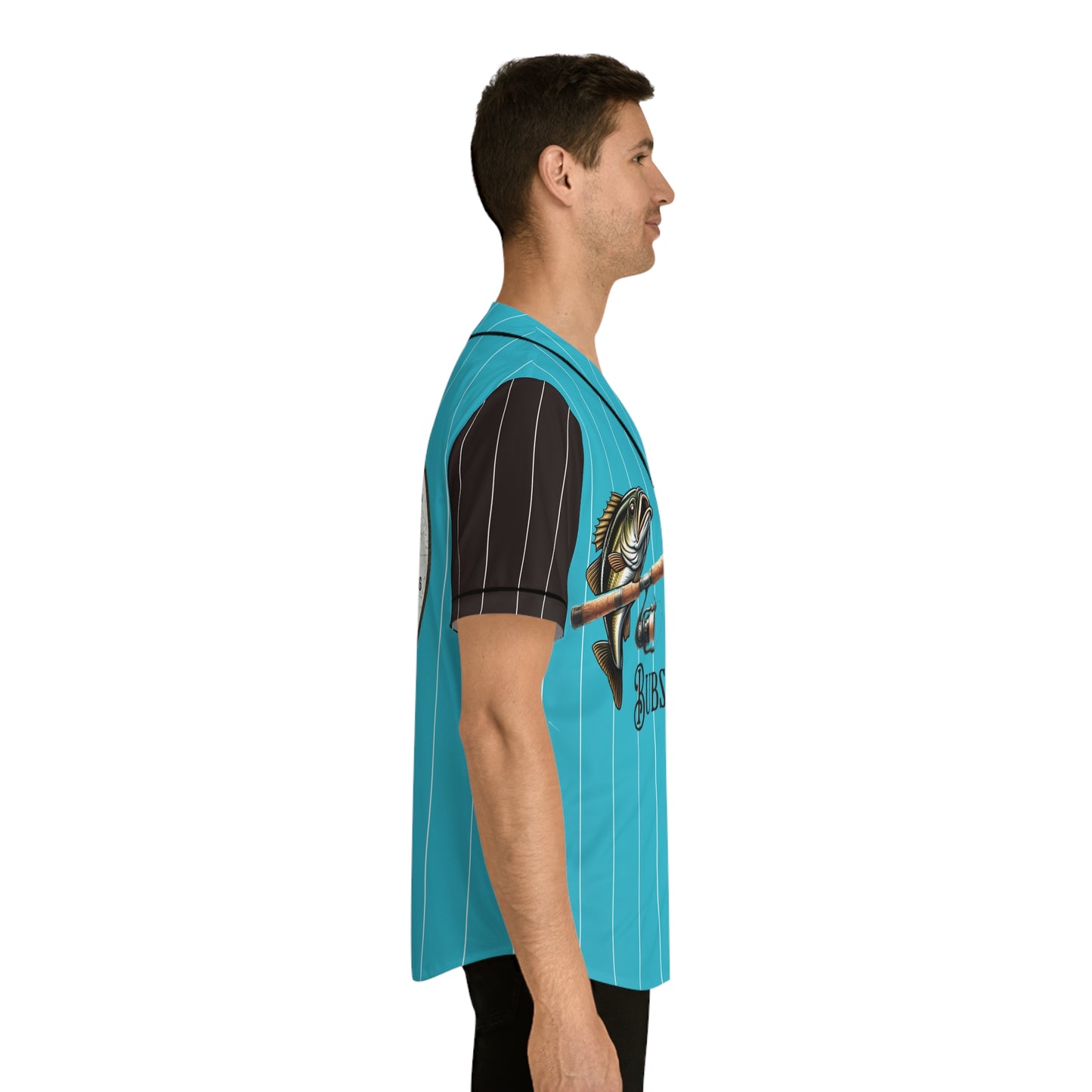 Bass on the Rod Men's Baseball Jersey — Teal Aqua with White Pinstripe