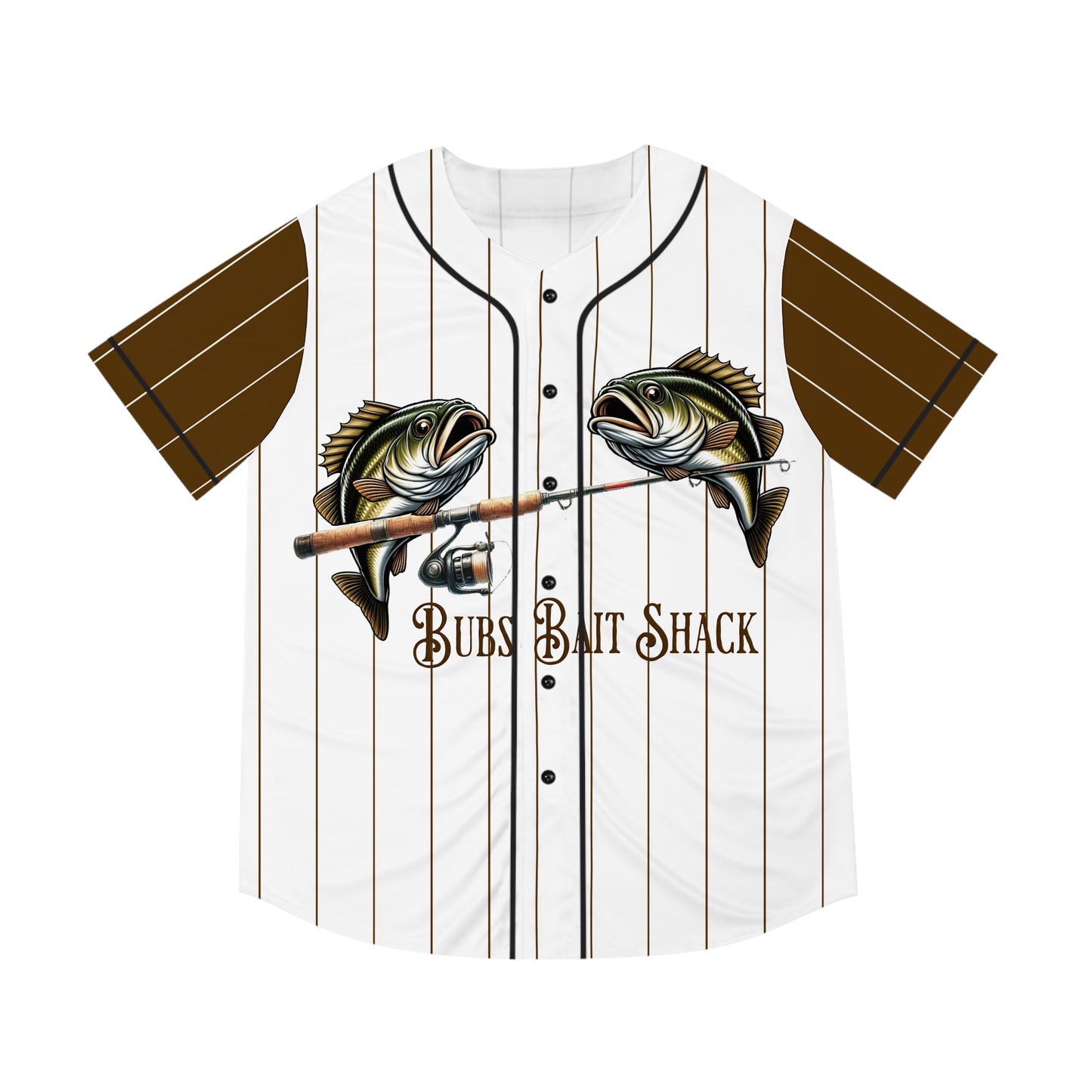 BBS "Bass on the Rod" Men's Baseball Jersey — White with Brown Pinstripes and sleeves