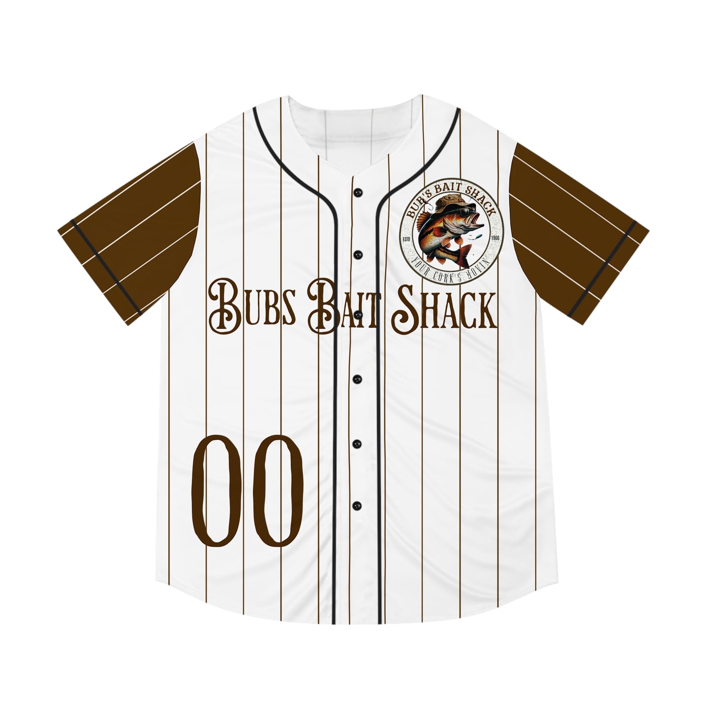 BBS Bubs Bait Shack Baseball Jersey — White with Brown Pinstripes