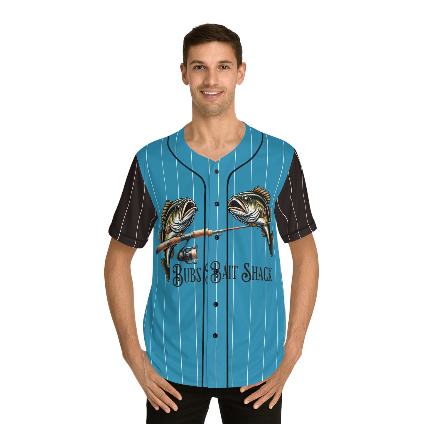 Bass on the Rod Baseball Jersey — Blue Aqua Pinstripe Men’s Baseball Shirt