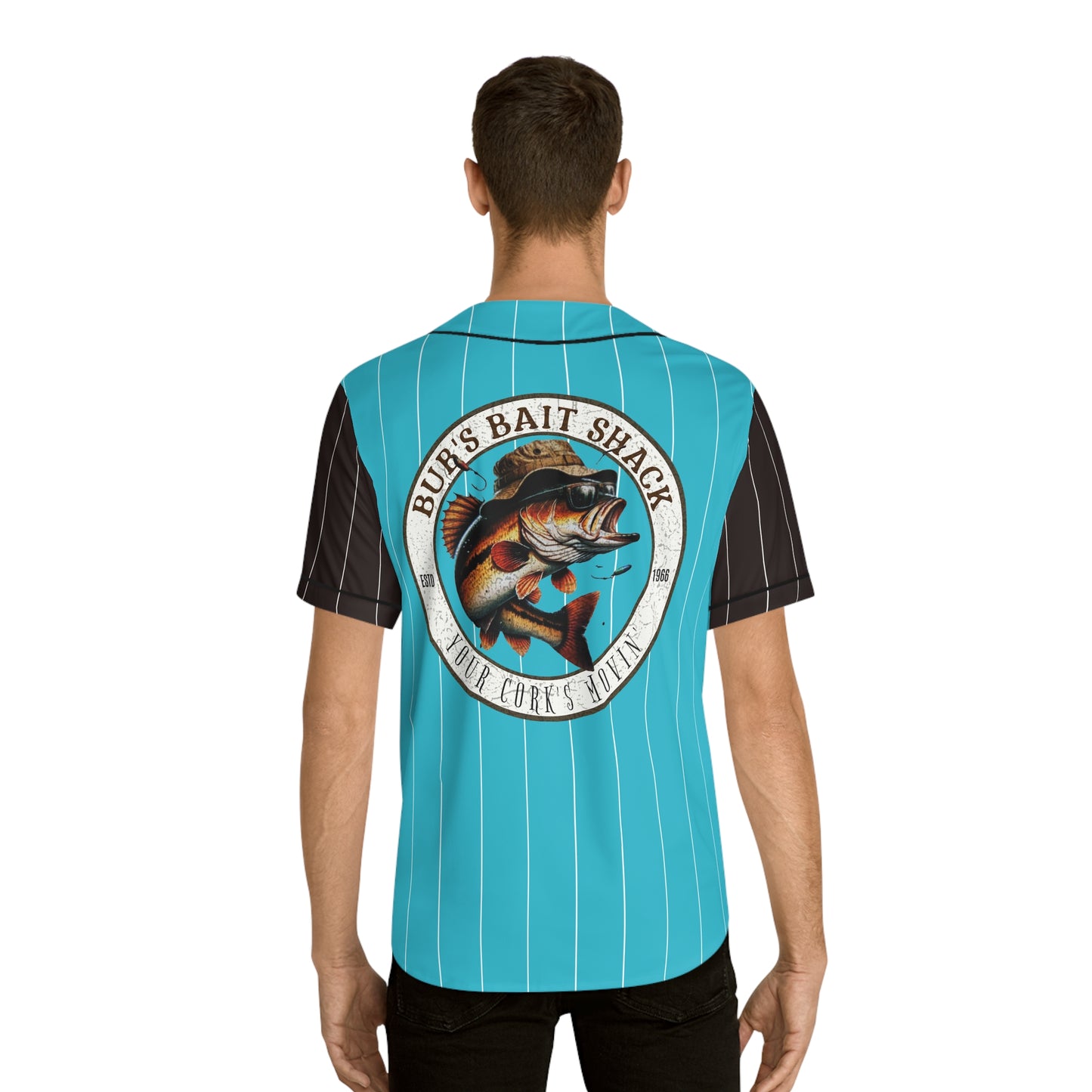 Bass on the Rod Men's Baseball Jersey — Teal Aqua with White Pinstripe