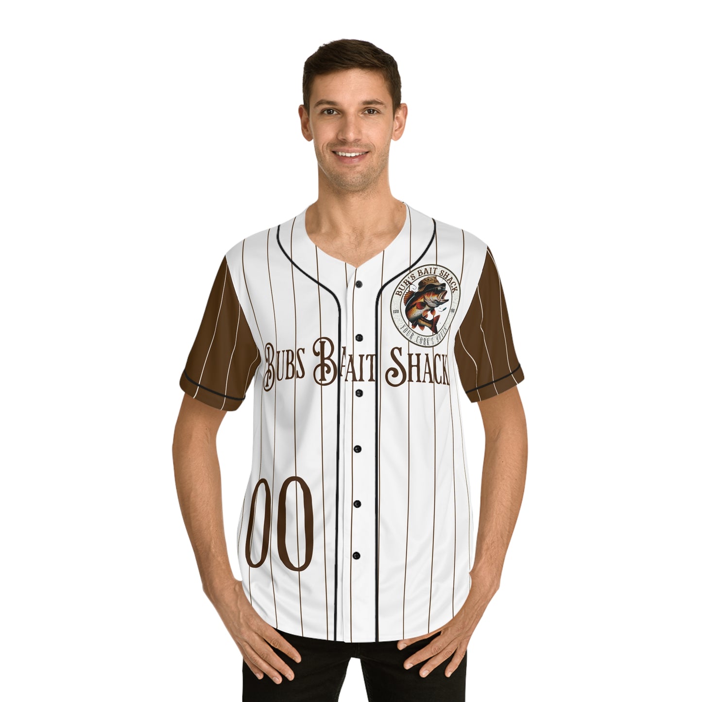 BBS Bubs Bait Shack Baseball Jersey — White with Brown Pinstripes